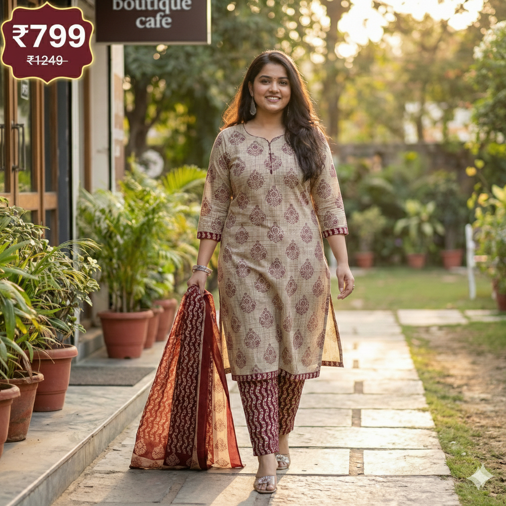 Plus Size Beige & Maroon Printed Cotton 3-Piece Suit Set for Women (Kurta, Pant & Dupatta | 3XL–5XL)