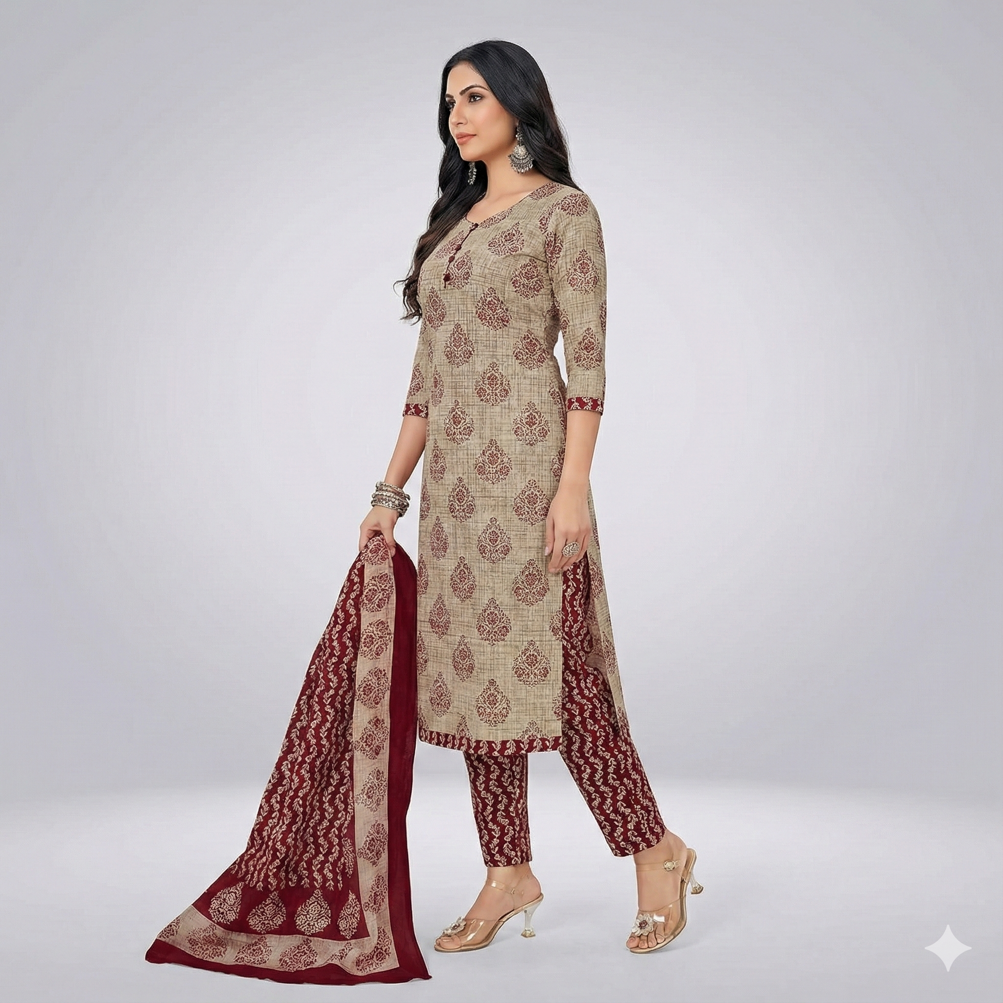 Plus Size Beige & Maroon Printed Cotton 3-Piece Suit Set for Women (Kurta, Pant & Dupatta | 3XL–5XL)