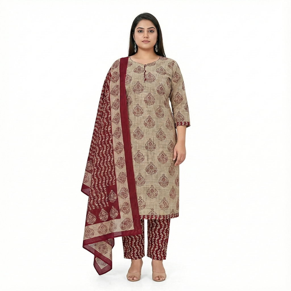 Plus Size Beige & Maroon Printed Cotton 3-Piece Suit Set for Women (Kurta, Pant & Dupatta | 3XL–5XL)