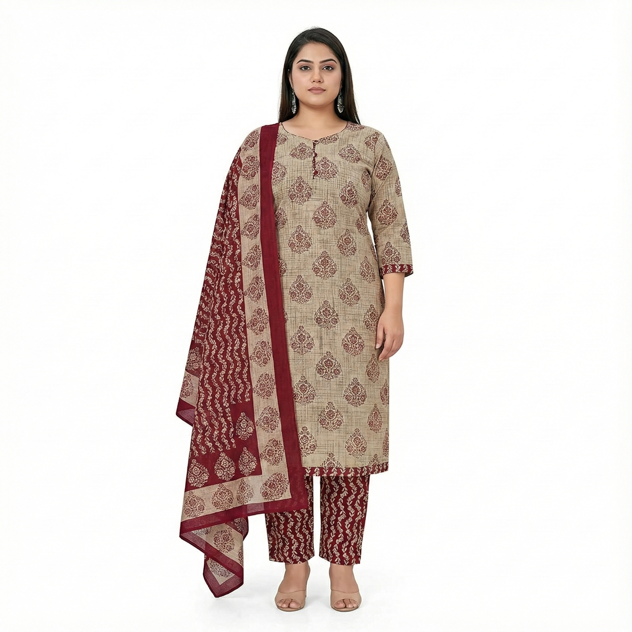 Plus Size Beige & Maroon Printed Cotton 3-Piece Suit Set for Women (Kurta, Pant & Dupatta | 3XL–5XL)