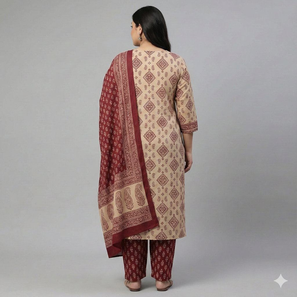 Plus Size Beige & Maroon Printed Cotton 3-Piece Suit Set for Women (Kurta, Pant & Dupatta | 3XL–5XL)