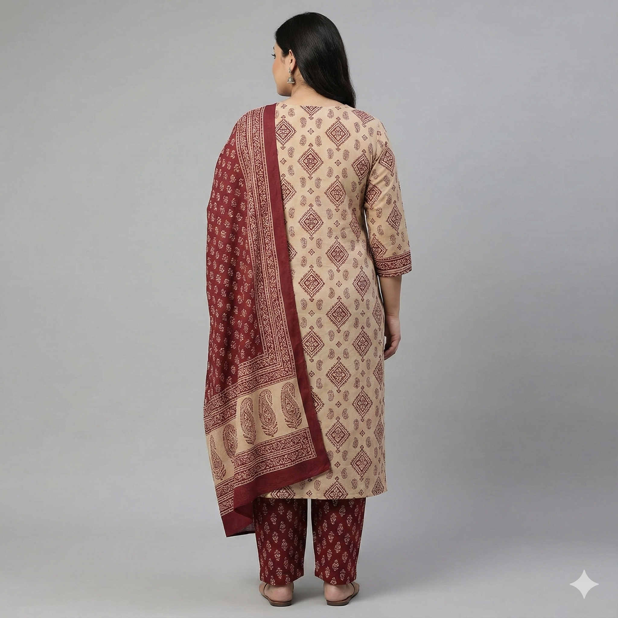 Plus Size Beige & Maroon Printed Cotton 3-Piece Suit Set for Women (Kurta, Pant & Dupatta | 3XL–5XL)
