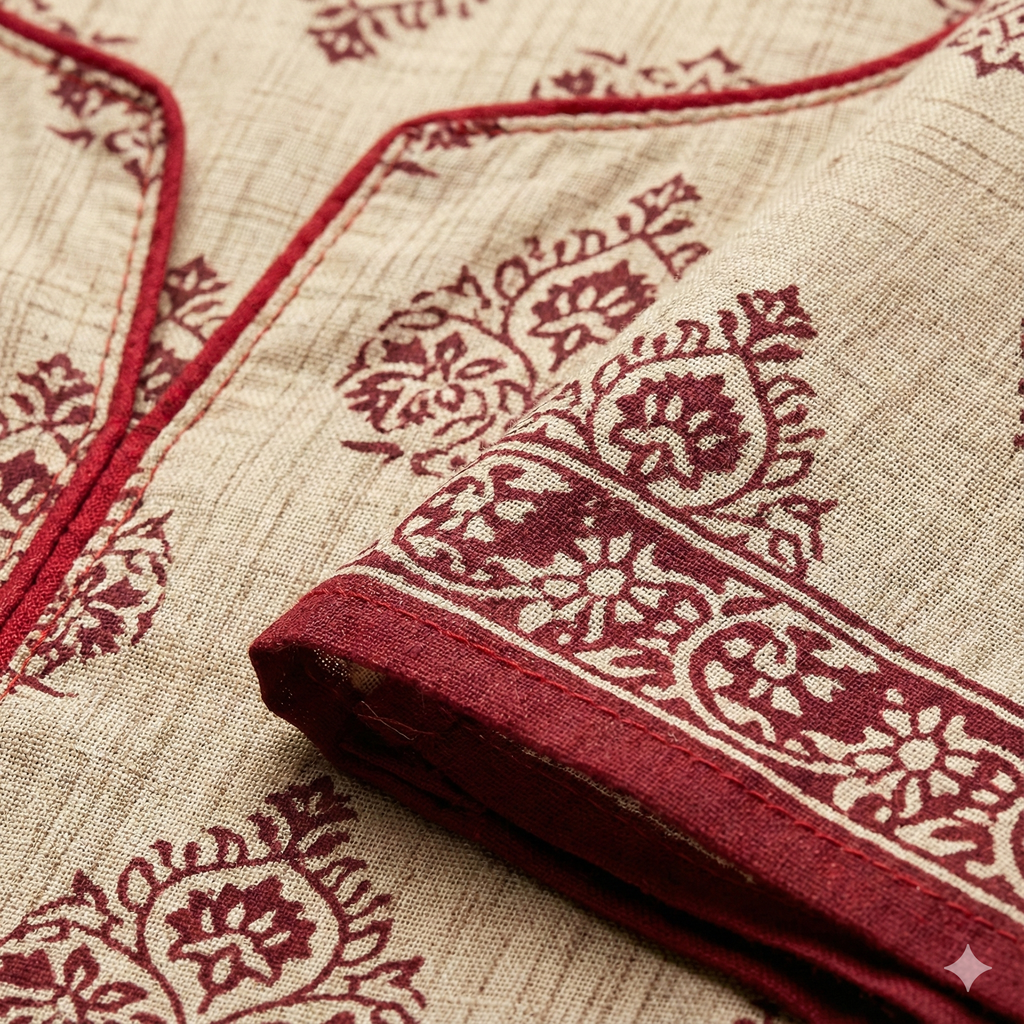 Plus Size Beige & Maroon Printed Cotton 3-Piece Suit Set for Women (Kurta, Pant & Dupatta | 3XL–5XL)