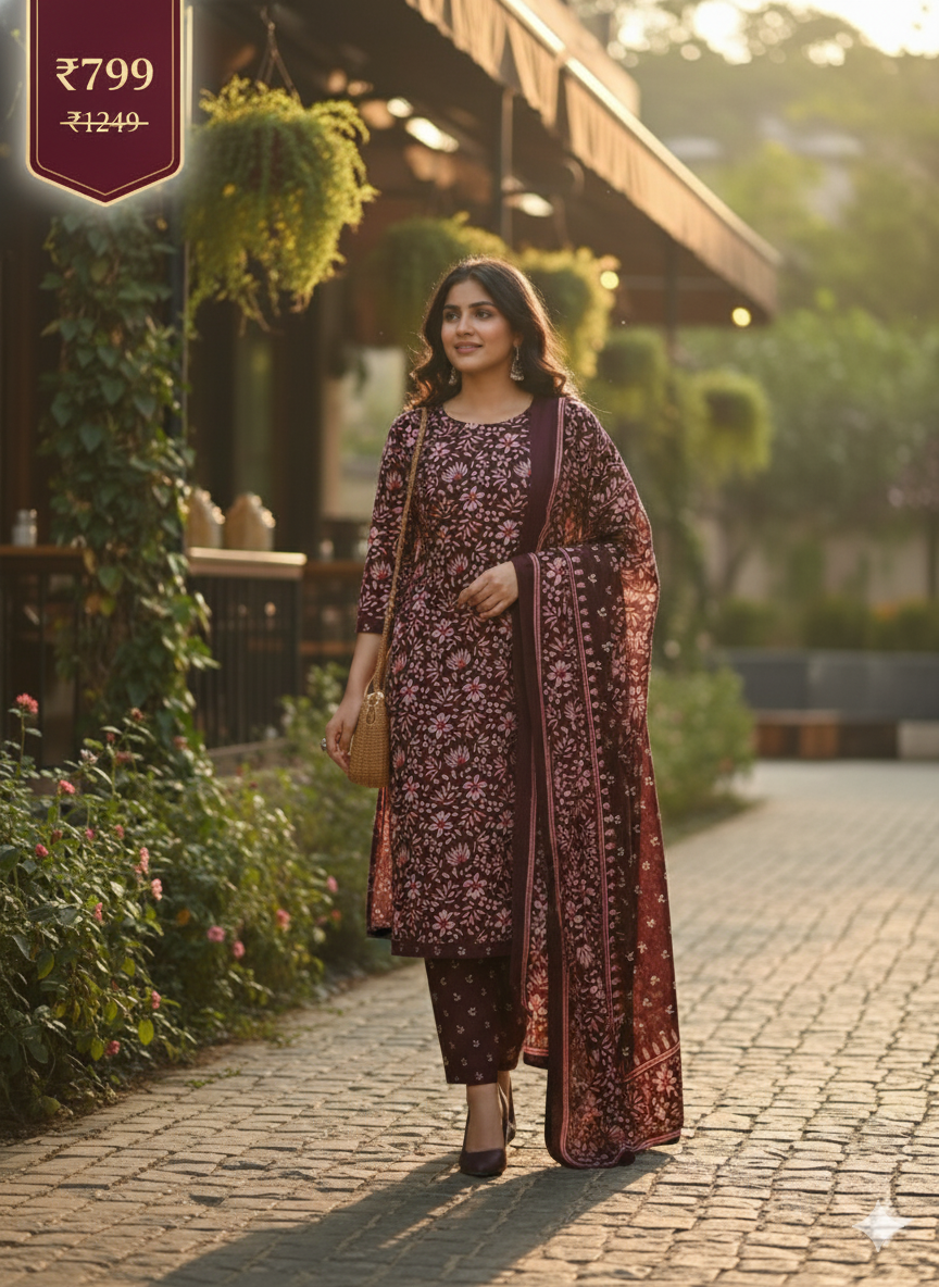 Maroon Floral Printed Patiala Suit for Women – Stylish 3-Piece Kurta, Patiala Pant & Dupatta Set