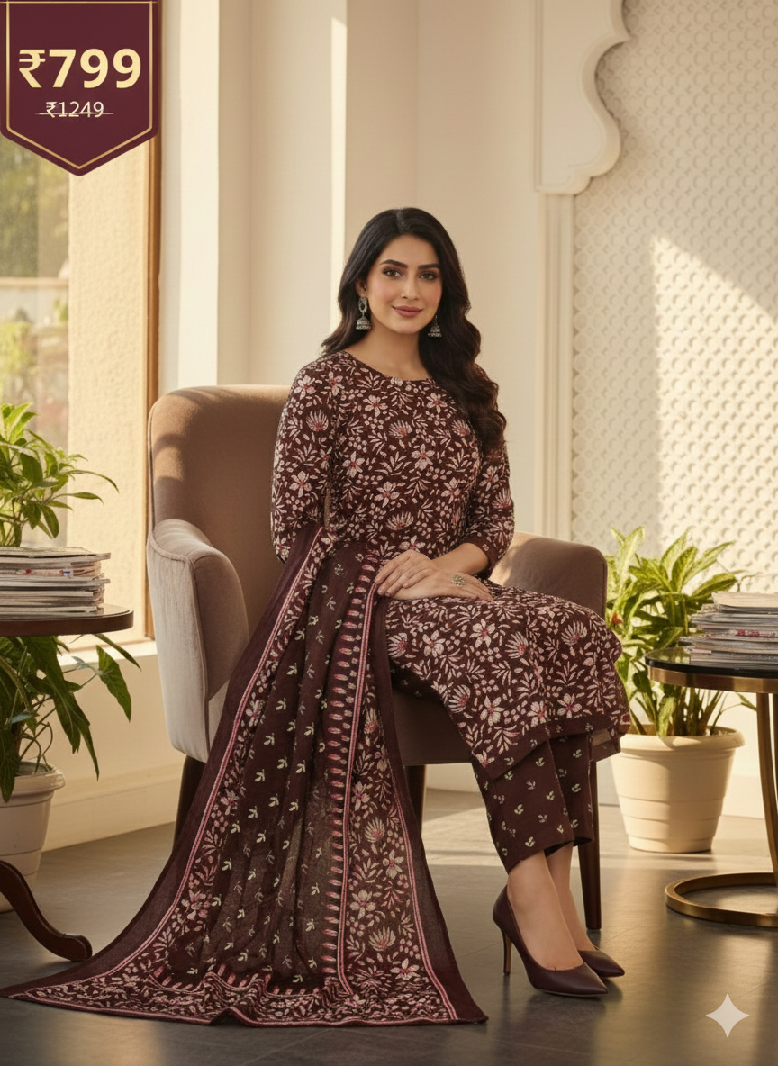Maroon Floral Printed Patiala Suit for Women – Stylish 3-Piece Kurta, Patiala Pant & Dupatta Set