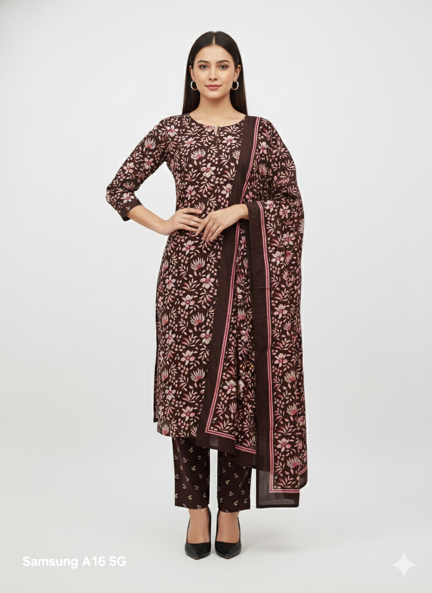 Maroon Floral Printed Patiala Suit for Women – Stylish 3-Piece Kurta, Patiala Pant & Dupatta Set