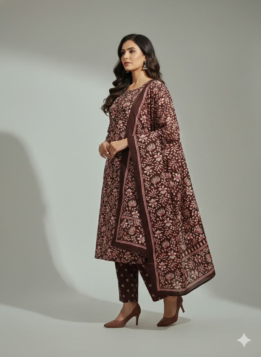 Maroon Floral Printed Patiala Suit for Women – Stylish 3-Piece Kurta, Patiala Pant & Dupatta Set