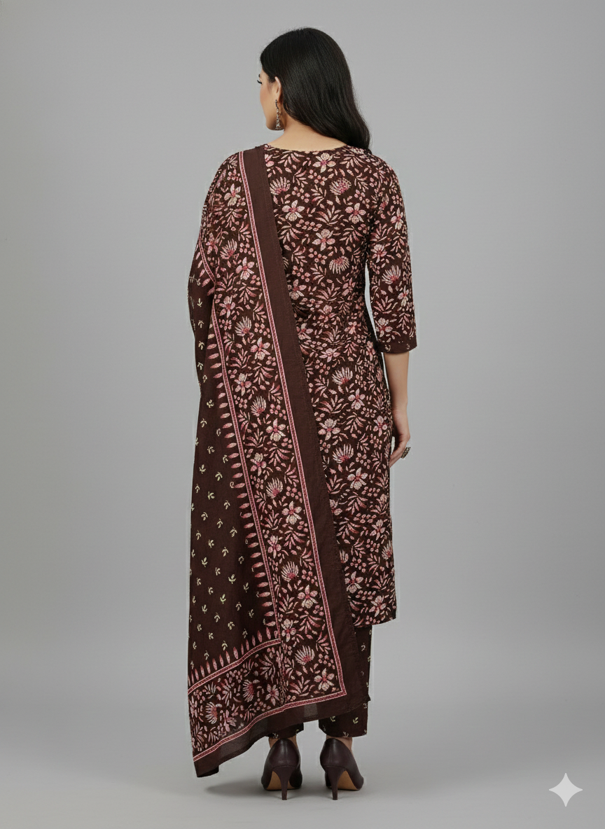 Maroon Floral Printed Patiala Suit for Women – Stylish 3-Piece Kurta, Patiala Pant & Dupatta Set