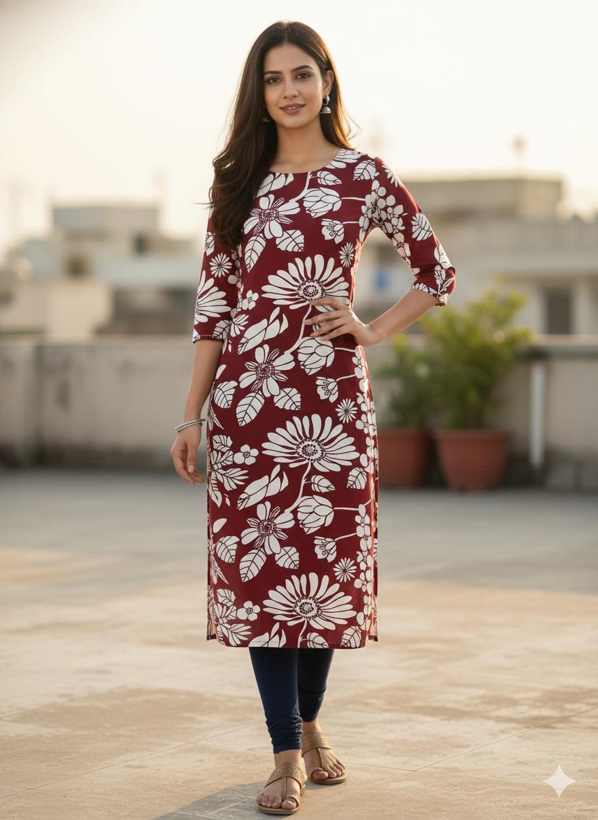 Burgundy White Floral Printed Long Kurti for Women | Soft Cotton Straight Fit 3/4 Sleeve Kurta
