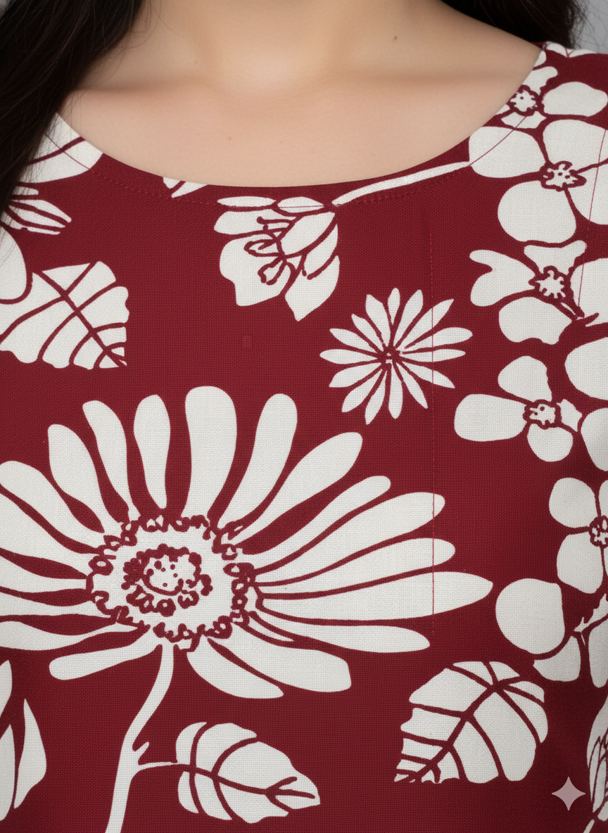 Burgundy White Floral Printed Long Kurti for Women | Soft Cotton Straight Fit 3/4 Sleeve Kurta