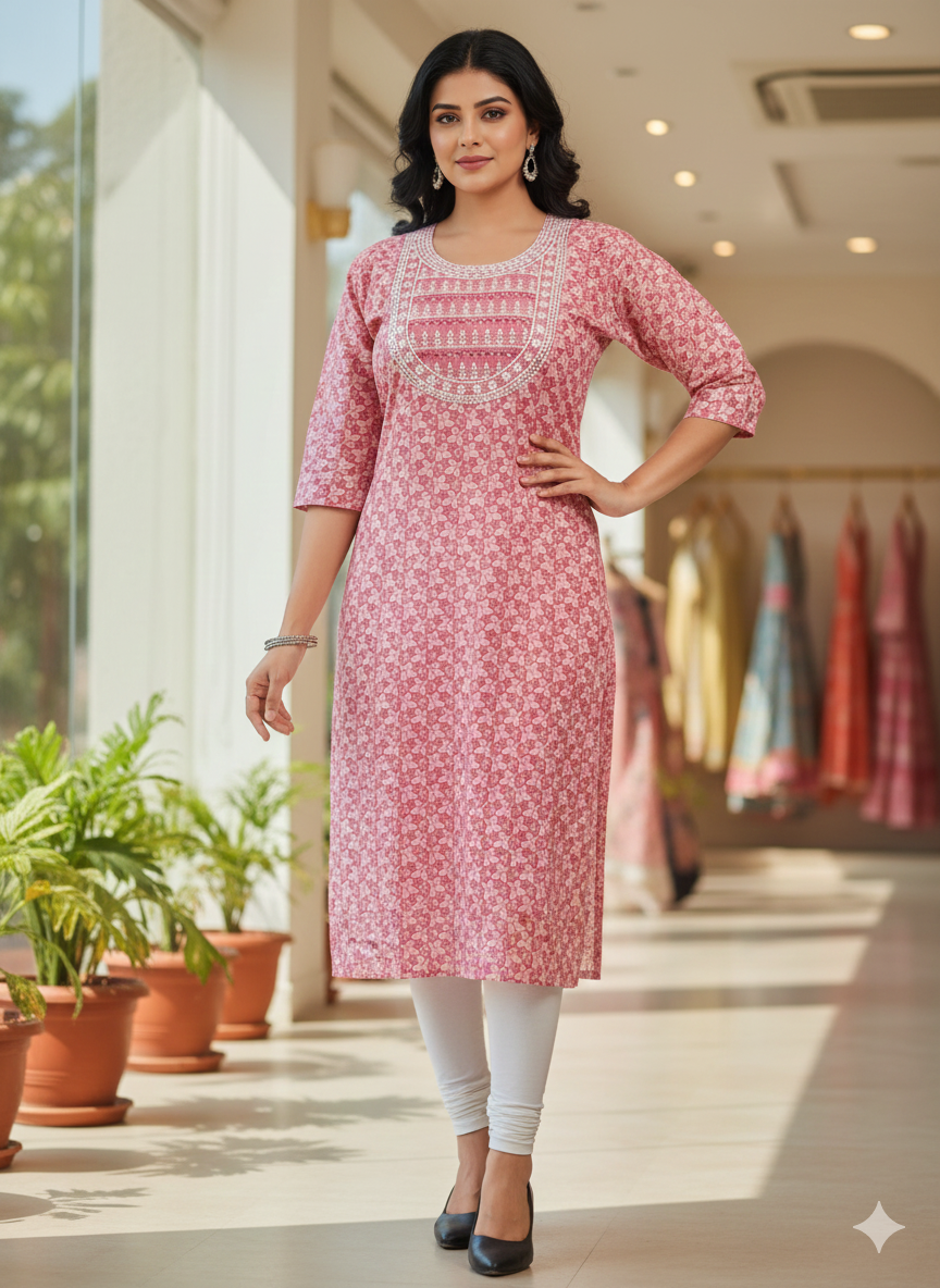 Pink Floral Printed Long Kurta with White Threadwork Neck Embroidery | Cotton Straight Fit Kurti for Women