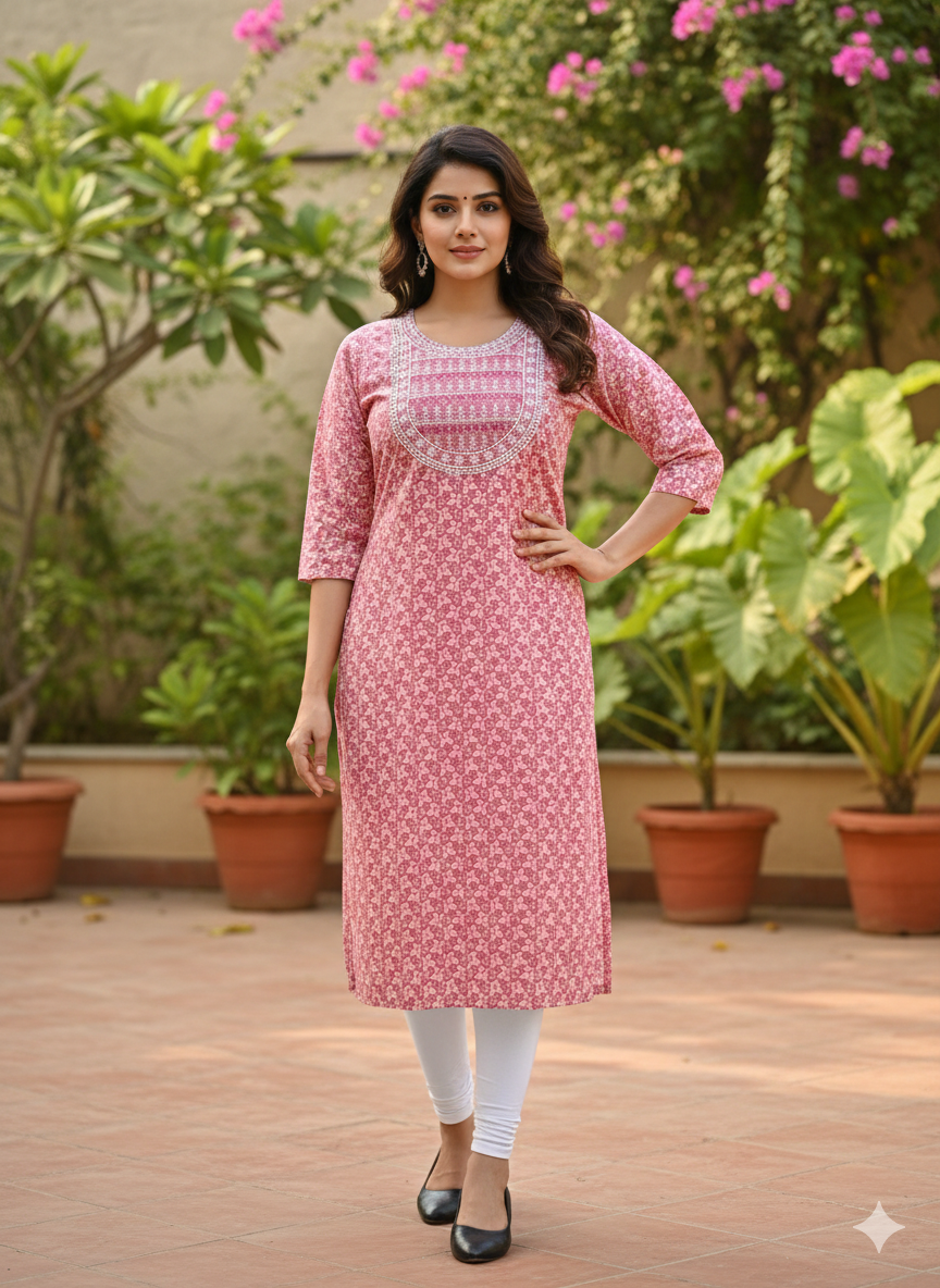 Pink Floral Printed Long Kurta with White Threadwork Neck Embroidery | Cotton Straight Fit Kurti for Women