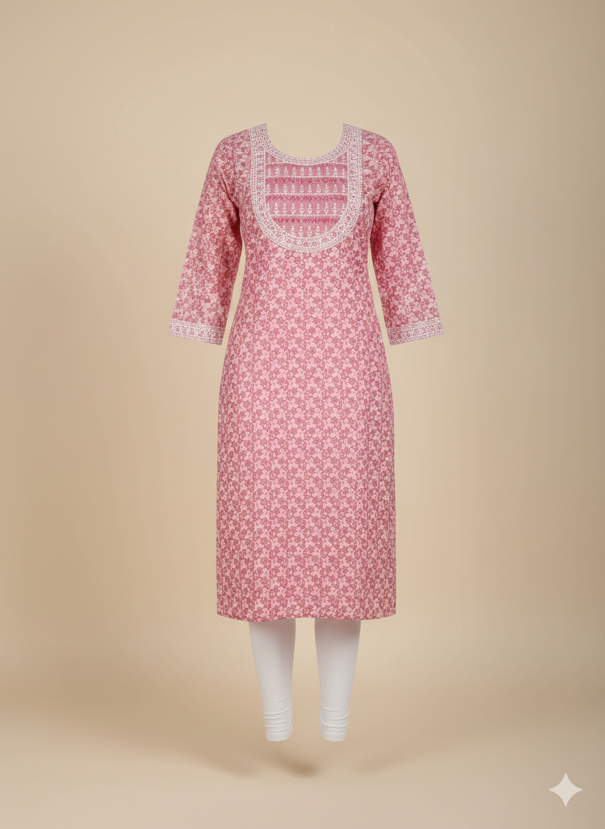 Pink Floral Printed Long Kurta with White Threadwork Neck Embroidery | Cotton Straight Fit Kurti for Women