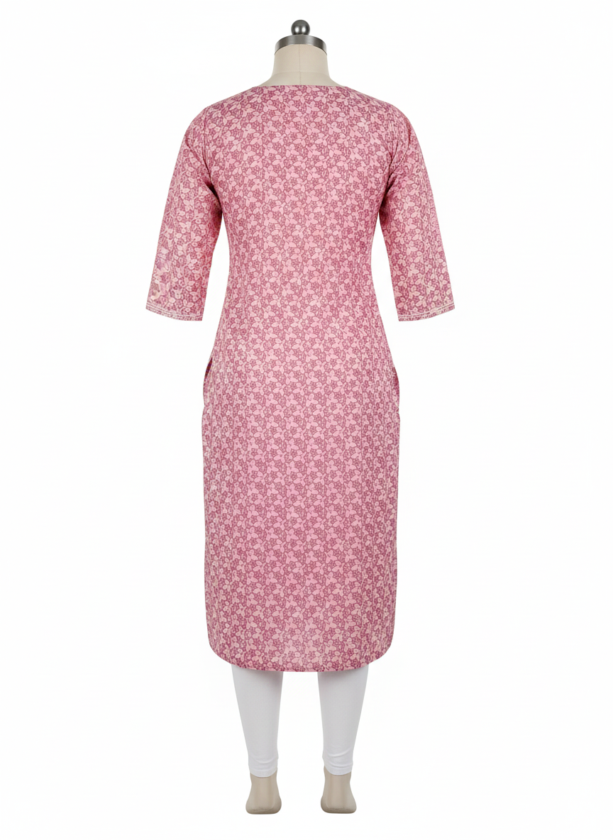Pink Floral Printed Long Kurta with White Threadwork Neck Embroidery | Cotton Straight Fit Kurti for Women