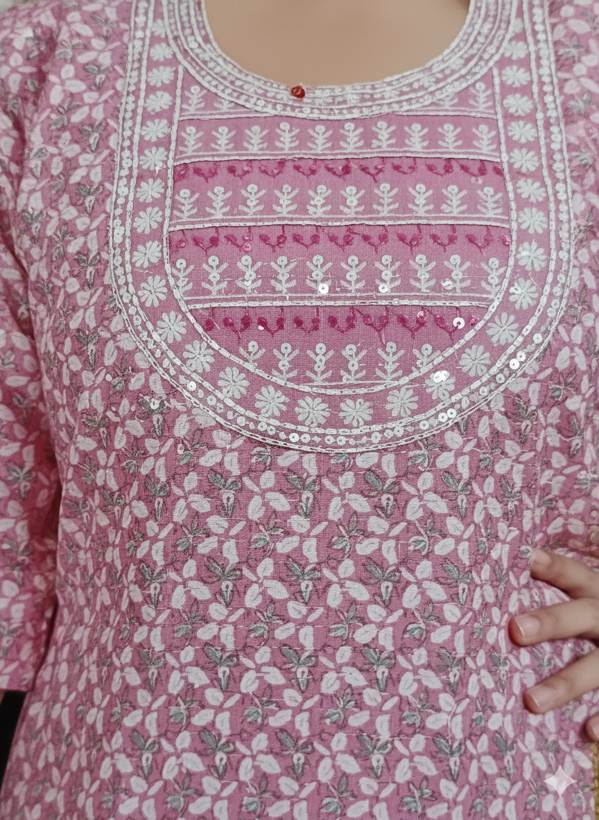 Pink Floral Printed Long Kurta with White Threadwork Neck Embroidery | Cotton Straight Fit Kurti for Women