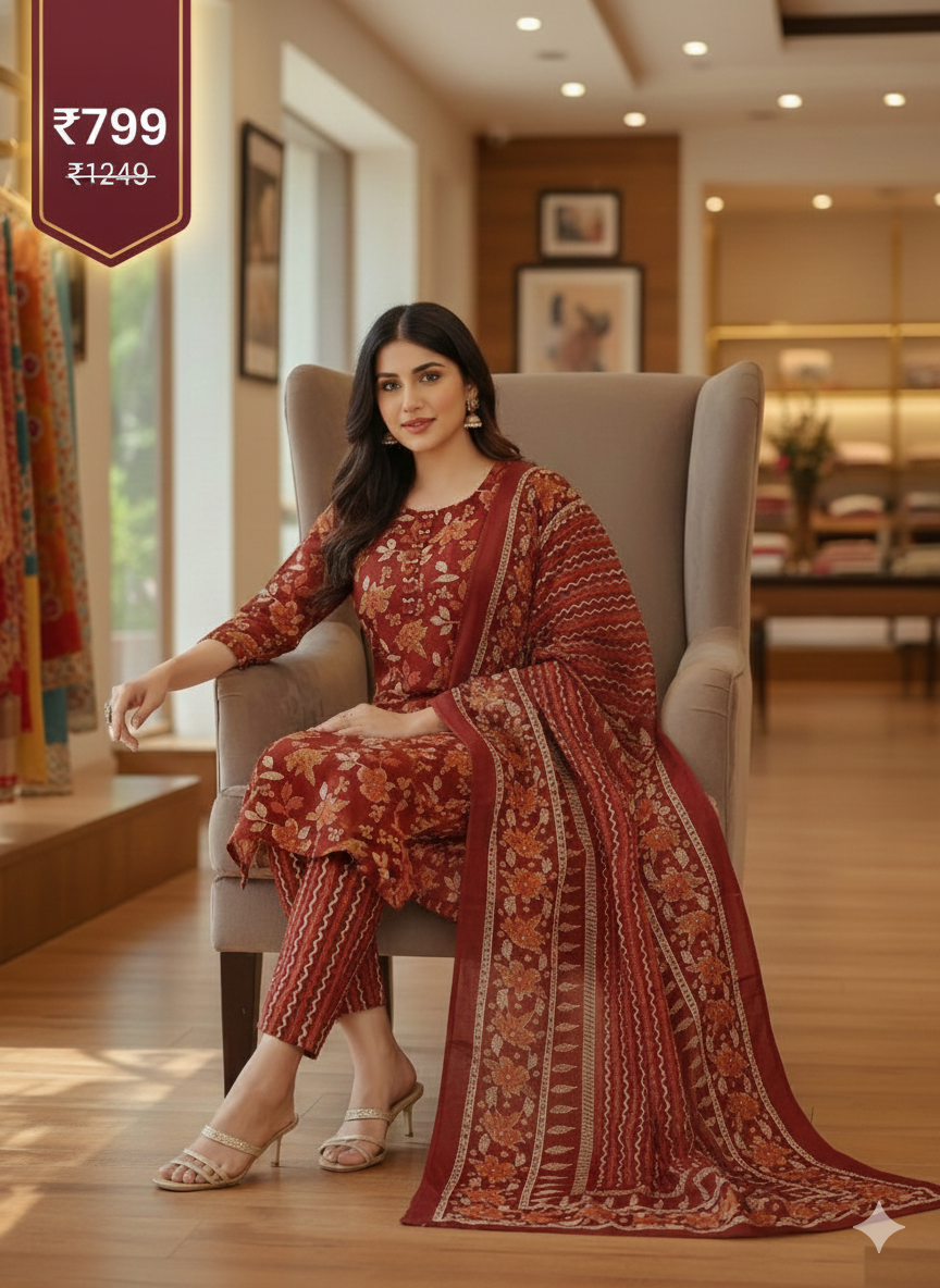 Maroon Floral Printed Patiala 3-Piece Suit Set for Women – Kurta, Patiala Pant & Dupatta
