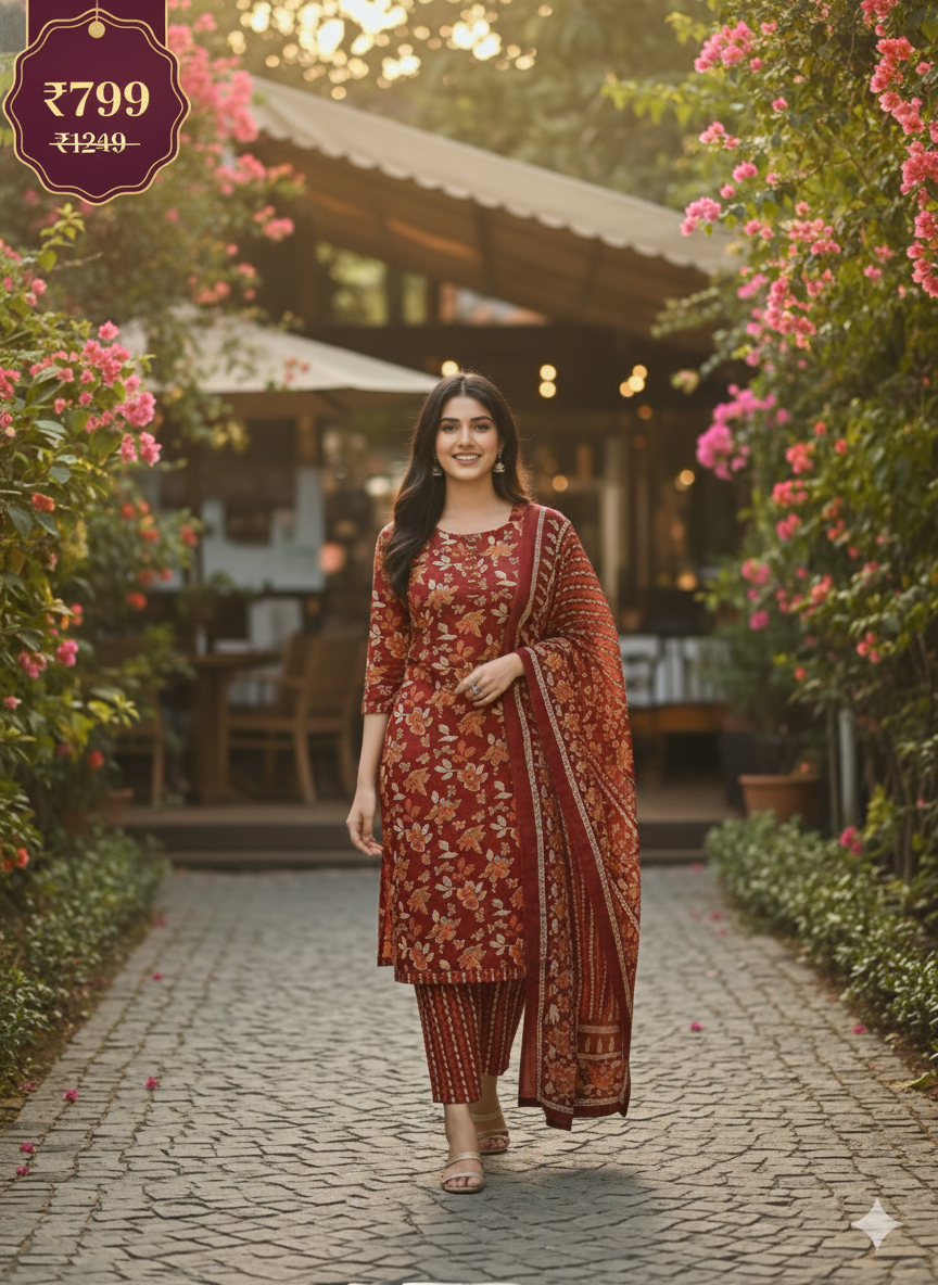 Maroon Floral Printed Patiala 3-Piece Suit Set for Women – Kurta, Patiala Pant & Dupatta