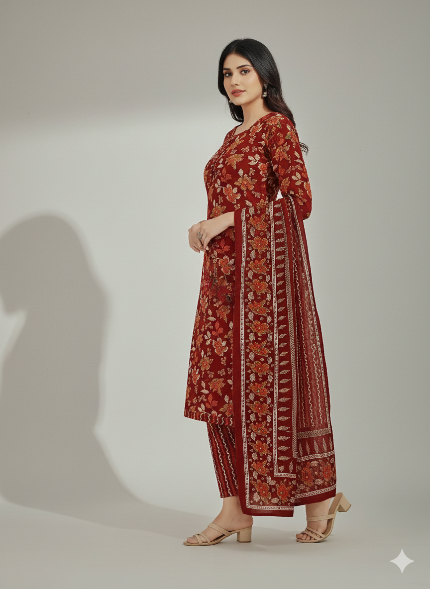 Maroon Floral Printed Patiala 3-Piece Suit Set for Women – Kurta, Patiala Pant & Dupatta