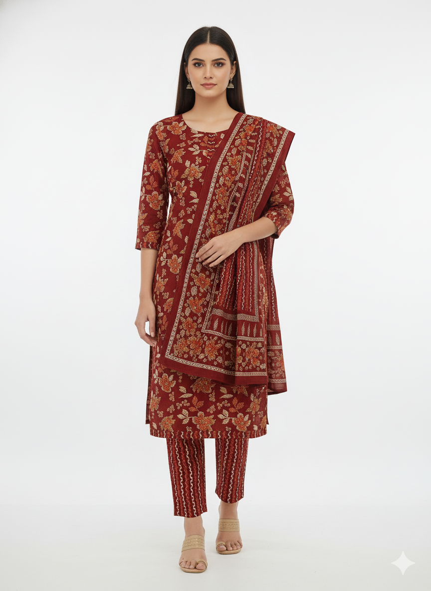Maroon Floral Printed Patiala 3-Piece Suit Set for Women – Kurta, Patiala Pant & Dupatta