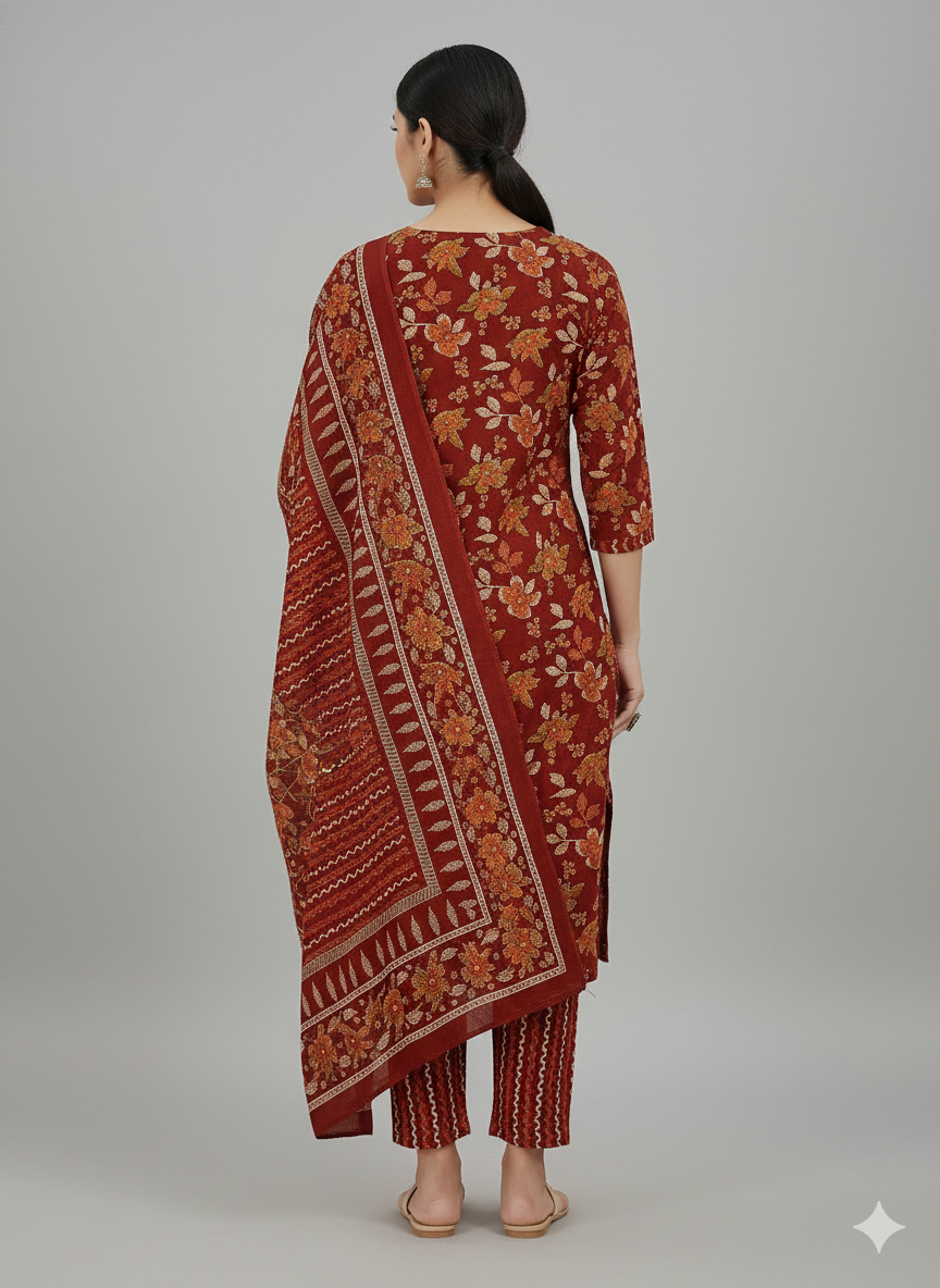 Maroon Floral Printed Patiala 3-Piece Suit Set for Women – Kurta, Patiala Pant & Dupatta