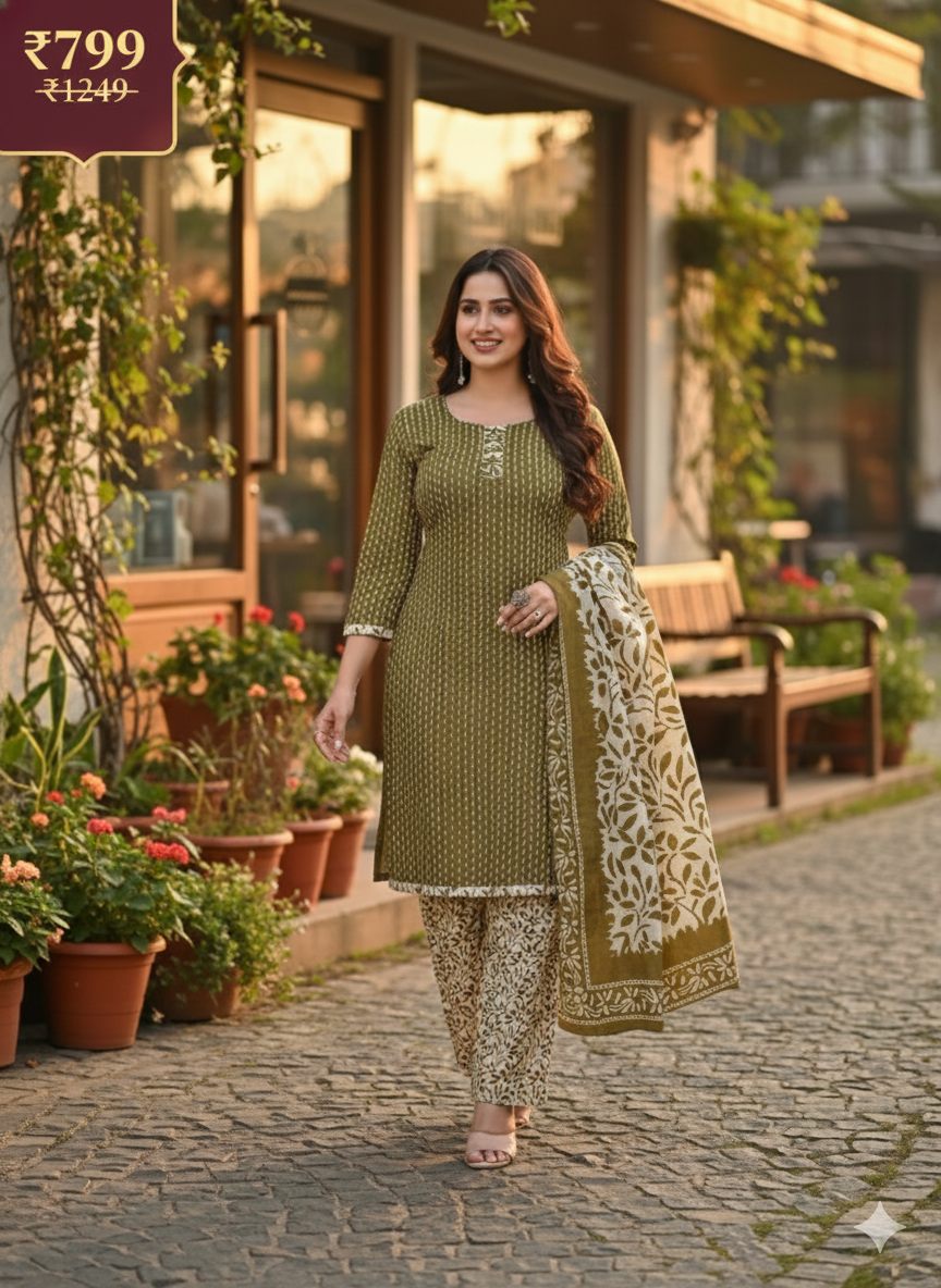 Women’s Olive Printed Patiala Pants | Comfortable Ethnic Cotton Pants for Daily & Festive Wear