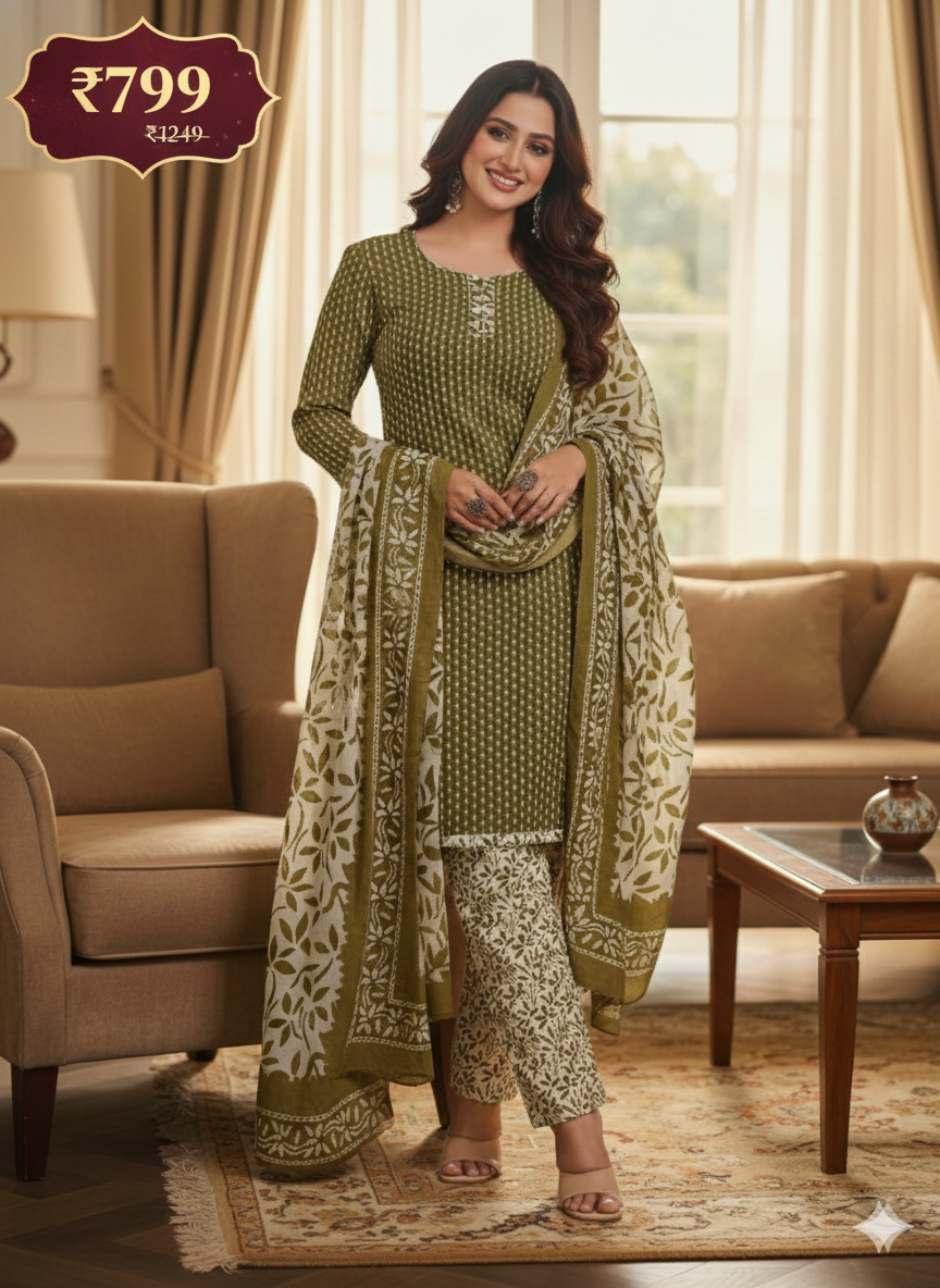 Women’s Olive Printed Patiala Pants | Comfortable Ethnic Cotton Pants for Daily & Festive Wear