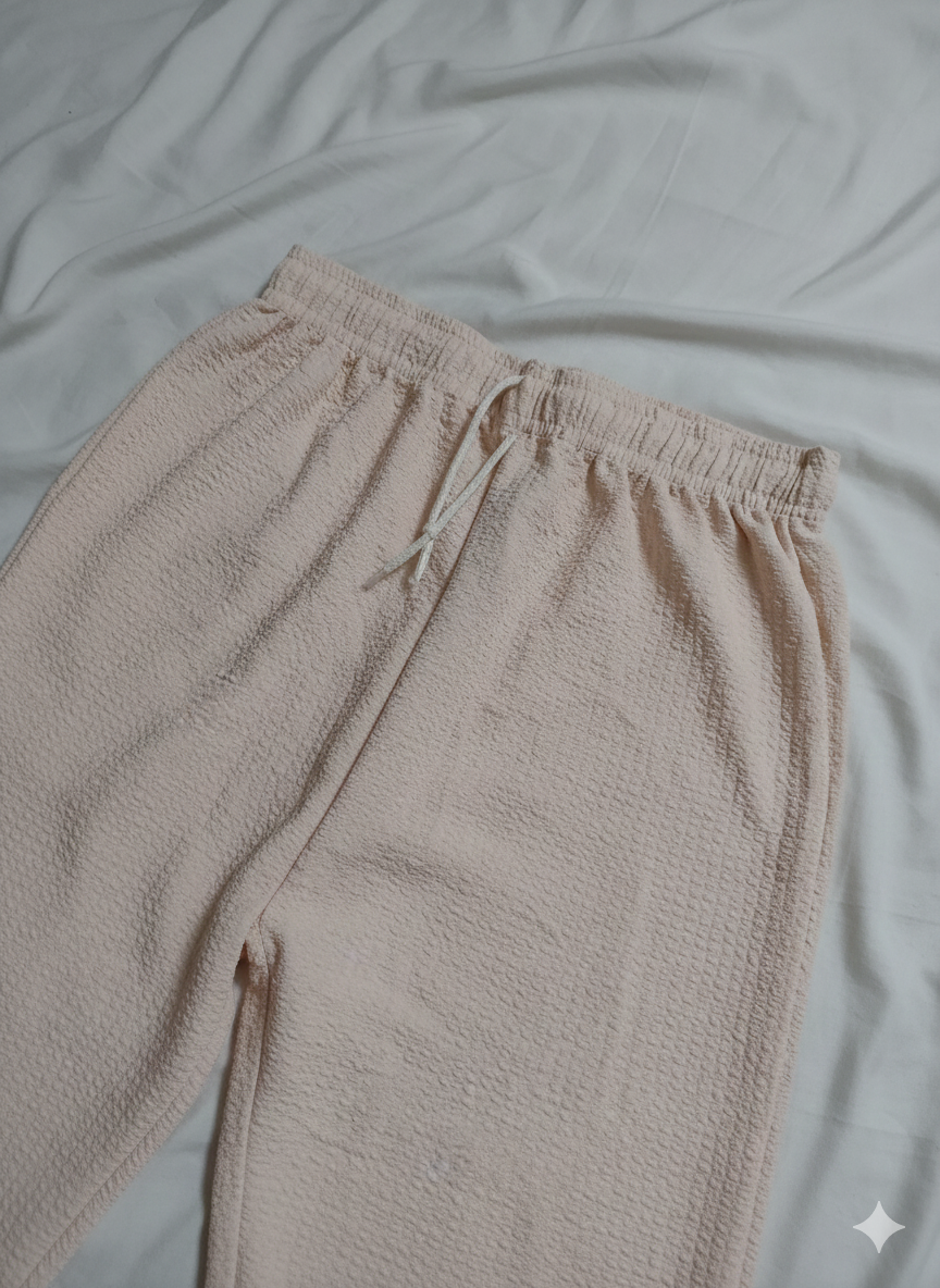 Women’s Beige Textured Lounge Pants – High Waist, Soft Comfy Straight Fit Bottoms