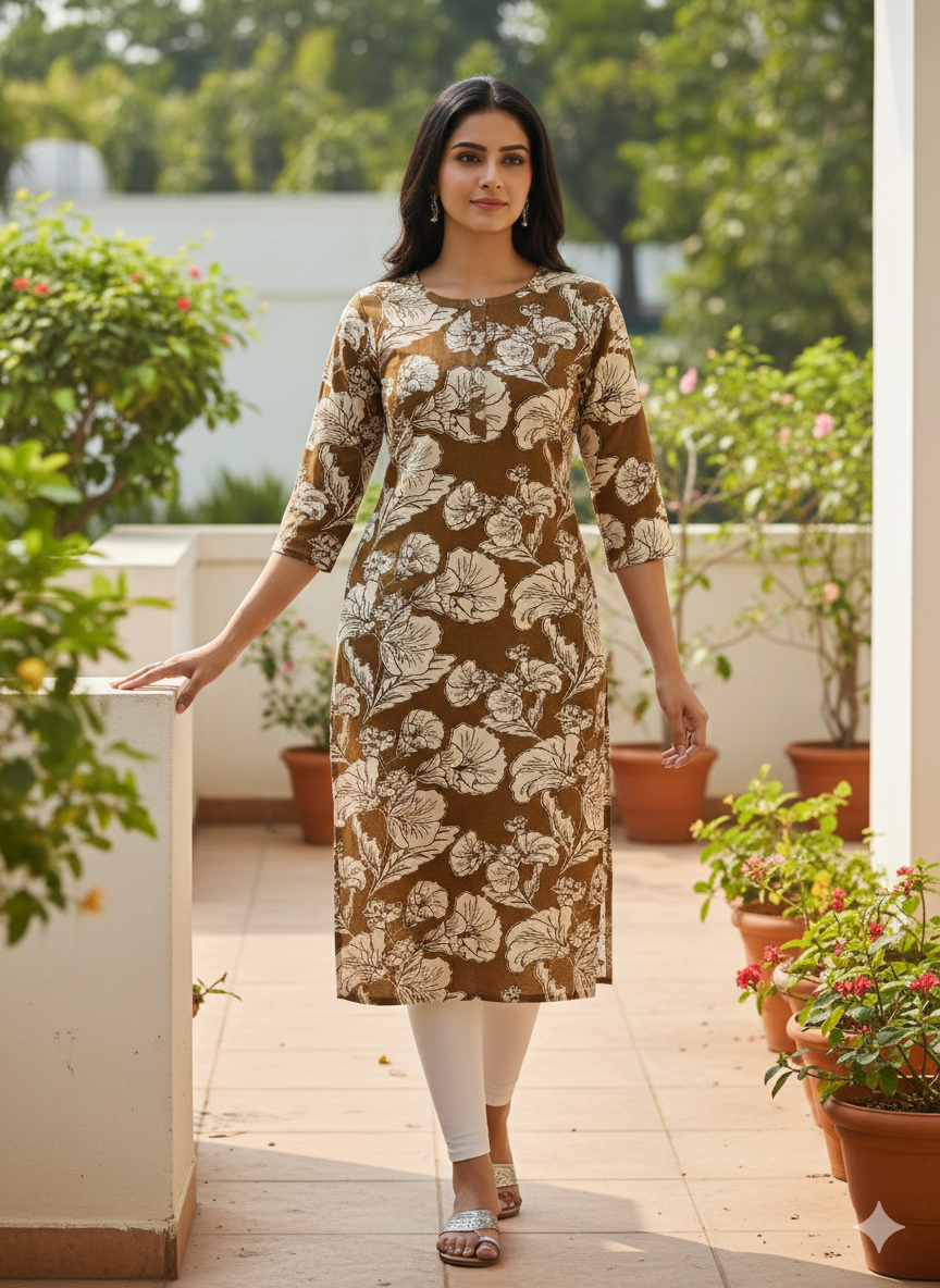 Brown Floral Printed Long Cotton Kurti for Women – Plus Size Friendly | Comfortable Everyday Wear