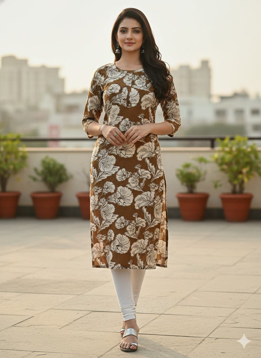 Brown Floral Printed Long Cotton Kurti for Women – Plus Size Friendly | Comfortable Everyday Wear