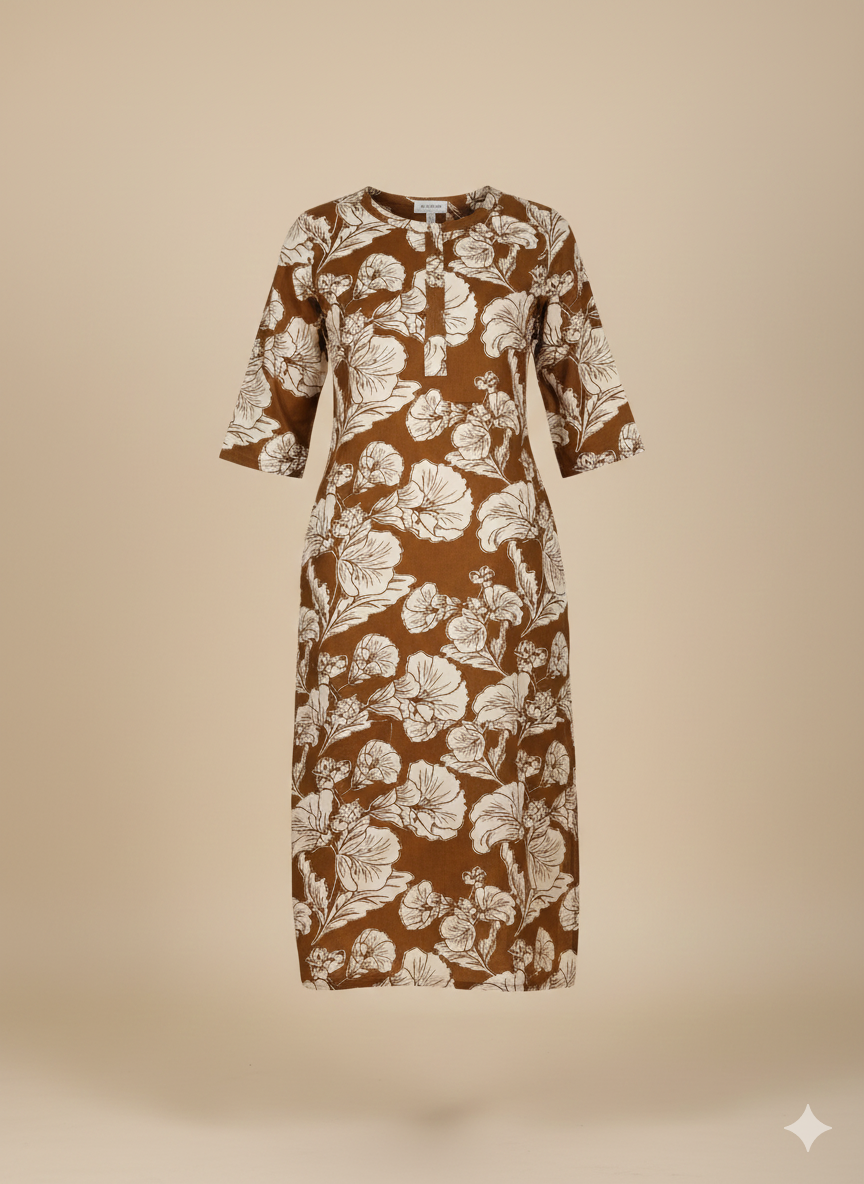 Brown Floral Printed Long Cotton Kurti for Women – Plus Size Friendly | Comfortable Everyday Wear