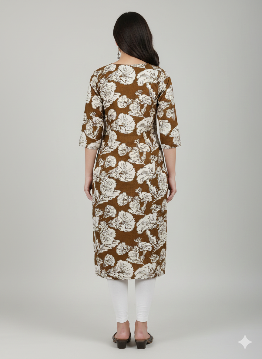 Brown Floral Printed Long Cotton Kurti for Women – Plus Size Friendly | Comfortable Everyday Wear