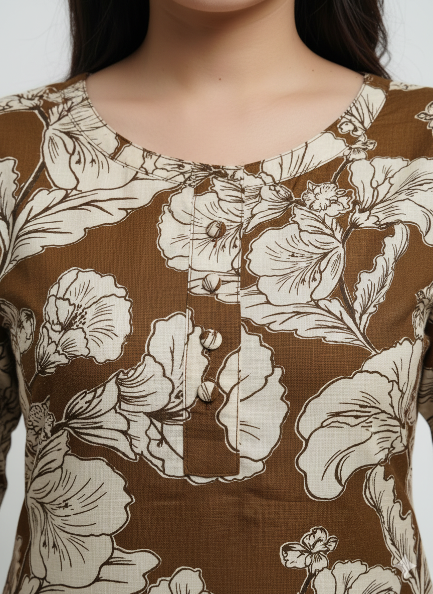 Brown Floral Printed Long Cotton Kurti for Women – Plus Size Friendly | Comfortable Everyday Wear