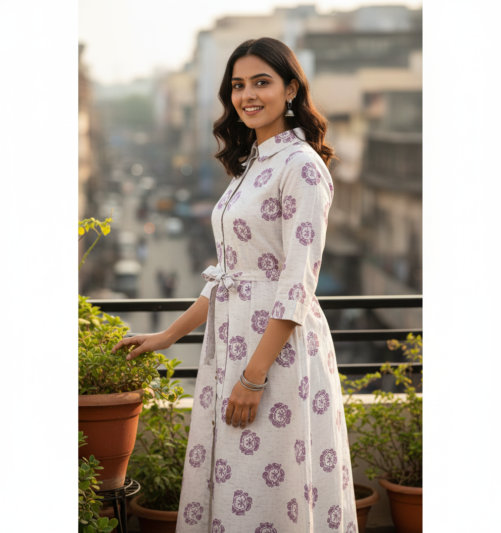 Cotton Printed A-Line Shirt Kurti with Waist Belt – Lavender Floral Design (M–XXL)