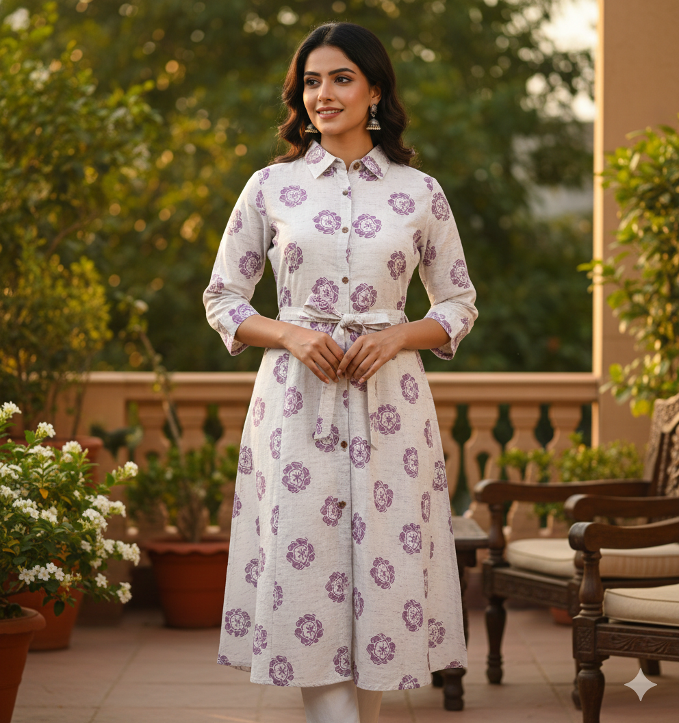 Cotton Printed A-Line Shirt Kurti with Waist Belt – Lavender Floral Design (M–XXL)