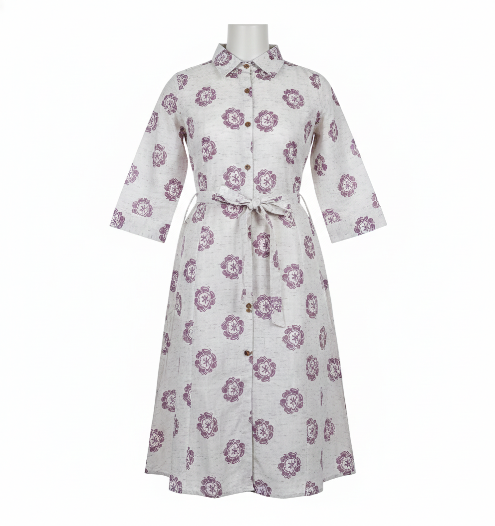 Cotton Printed A-Line Shirt Kurti with Waist Belt – Lavender Floral Design (M–XXL)