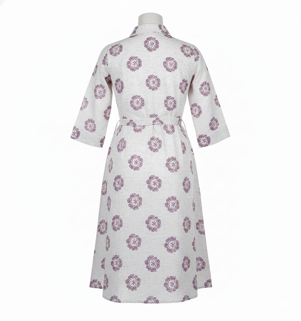 Cotton Printed A-Line Shirt Kurti with Waist Belt – Lavender Floral Design (M–XXL)