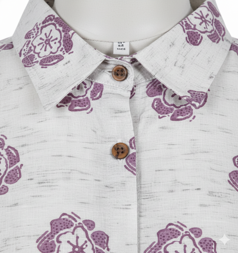 Cotton Printed A-Line Shirt Kurti with Waist Belt – Lavender Floral Design (M–XXL)