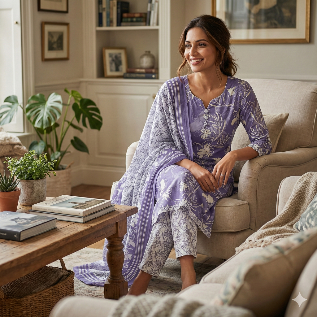 Lavender Floral Printed Patiala 3-Piece Suit Set for Women – Kurta, Patiala Pant & Dupatta