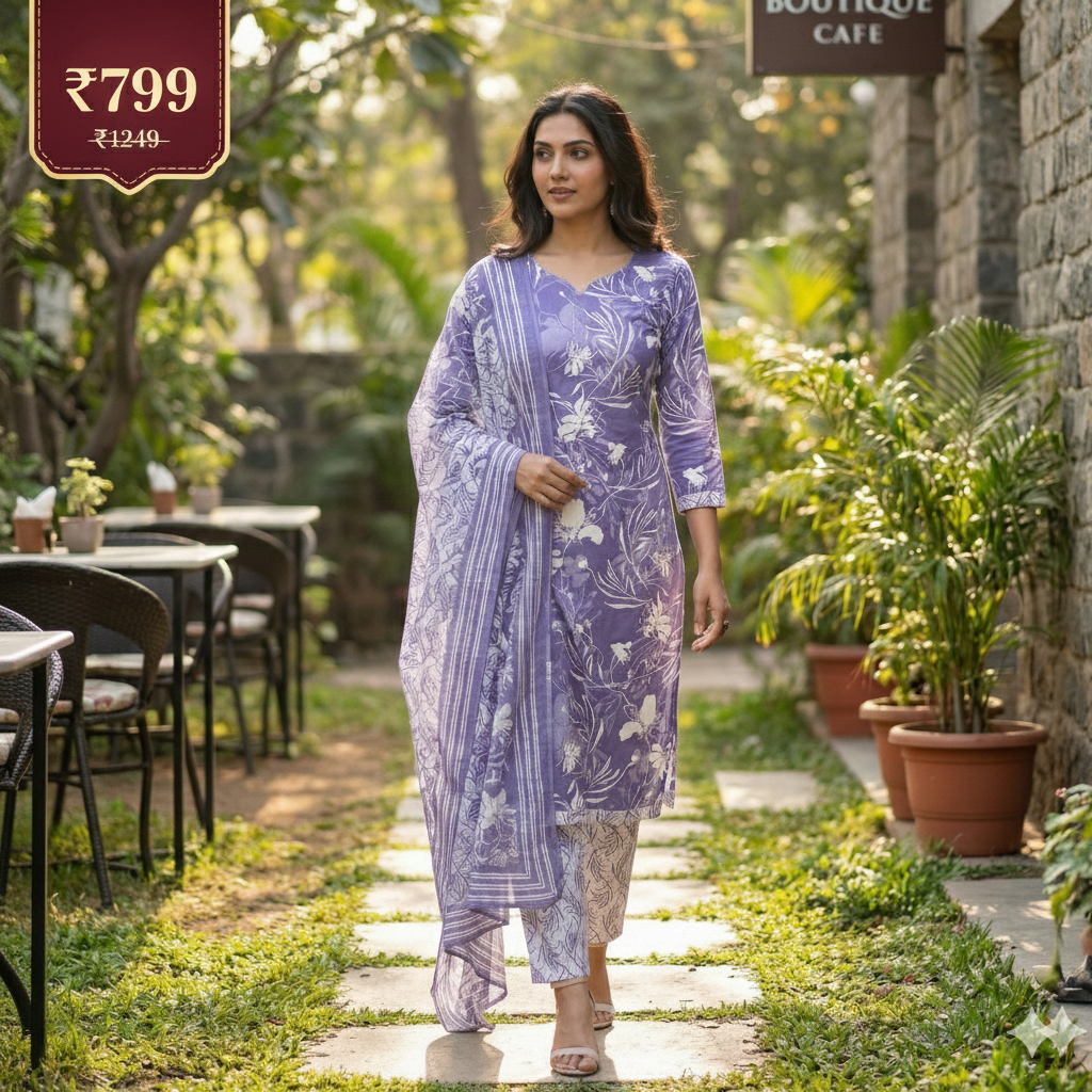 Lavender Floral Printed Patiala 3-Piece Suit Set for Women – Kurta, Patiala Pant & Dupatta