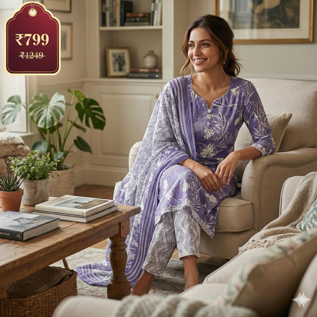 Lavender Floral Printed Patiala 3-Piece Suit Set for Women – Kurta, Patiala Pant & Dupatta