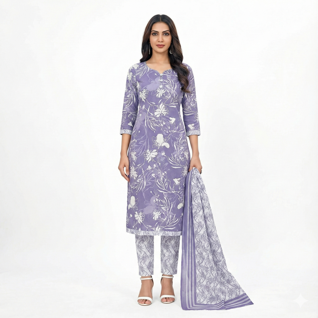 Lavender Floral Printed Patiala 3-Piece Suit Set for Women – Kurta, Patiala Pant & Dupatta