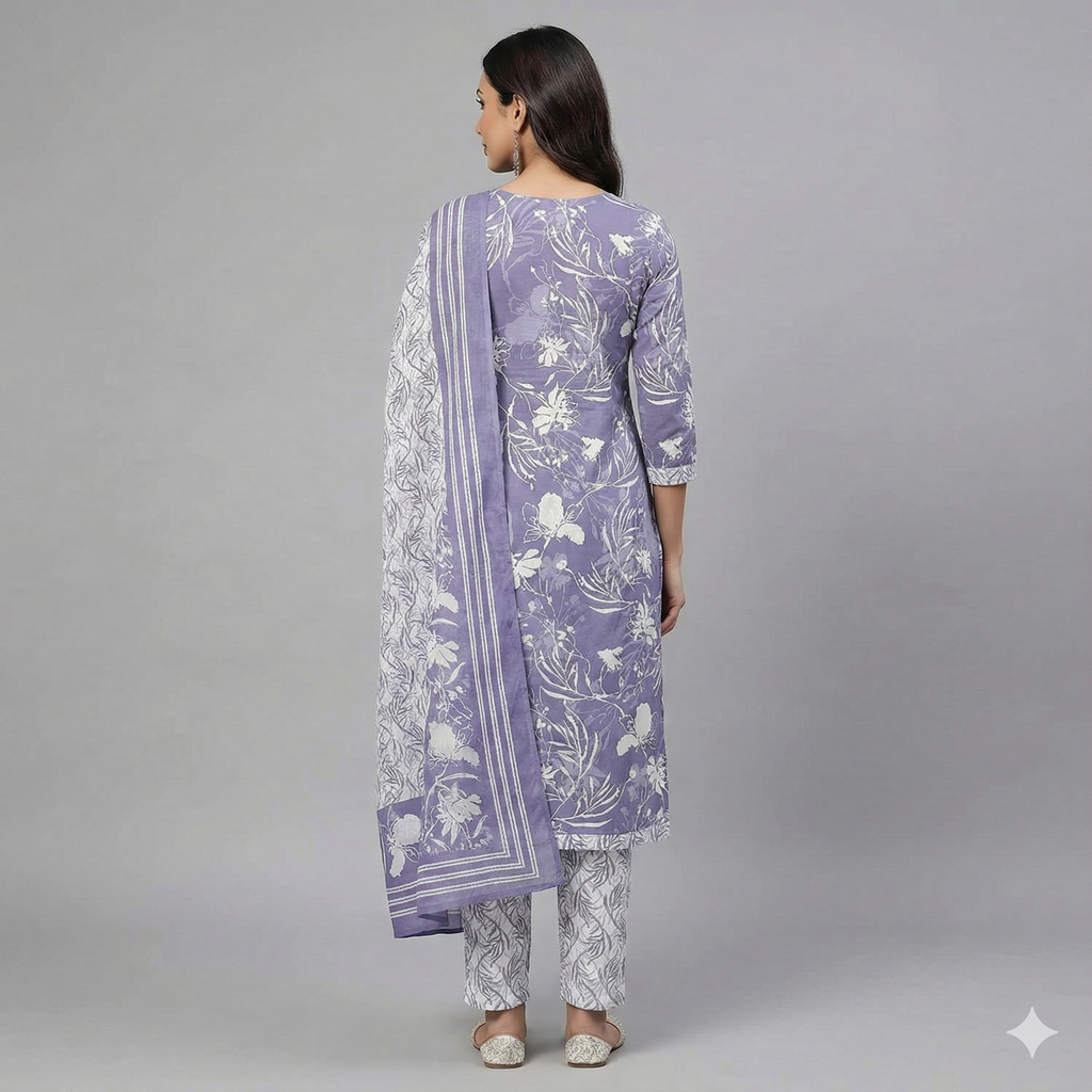 Lavender Floral Printed Patiala 3-Piece Suit Set for Women – Kurta, Patiala Pant & Dupatta