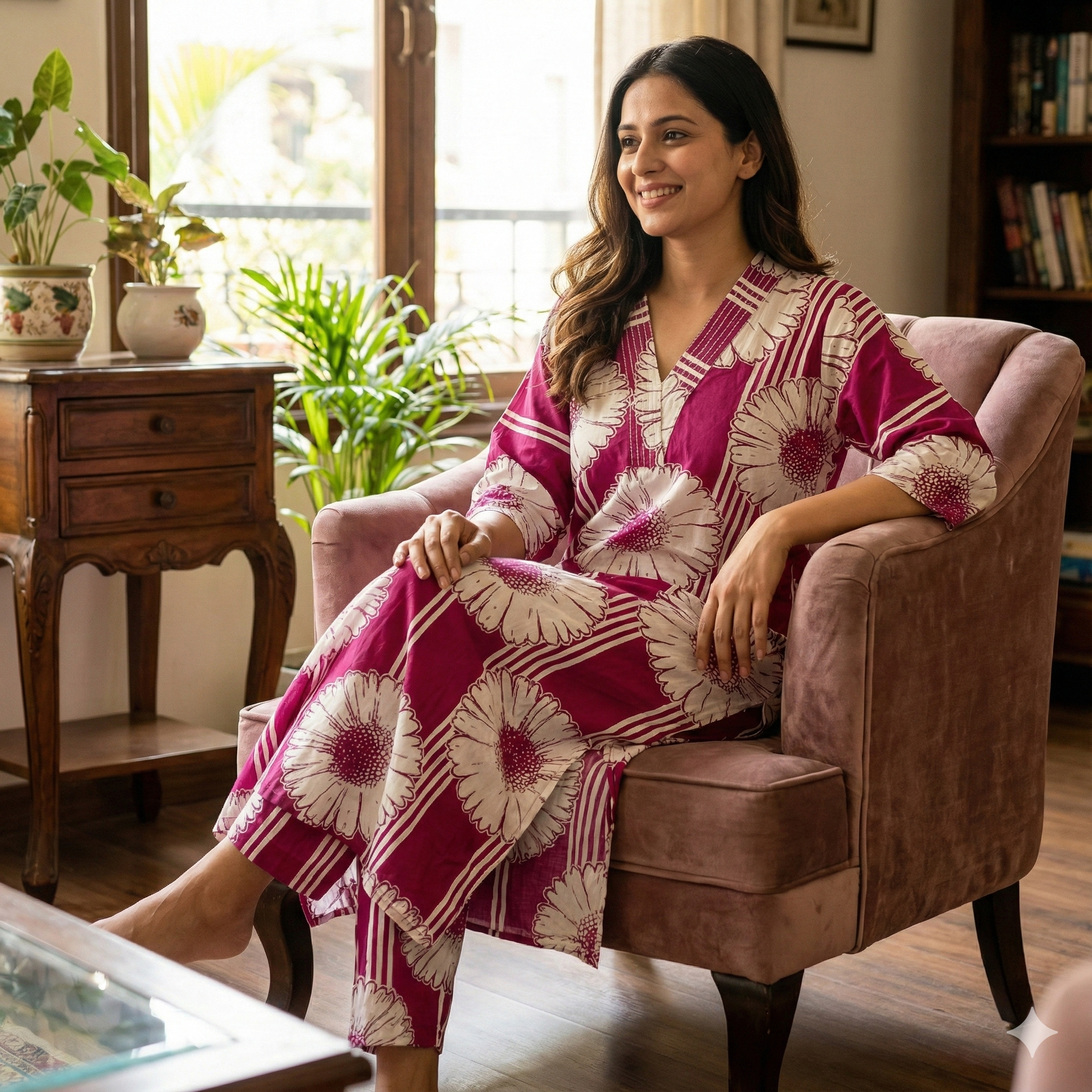 Magenta Floral Printed Kaftan-Style Kurta & Pant Set for Women – Breezy Cotton 2-Piece Co-ord