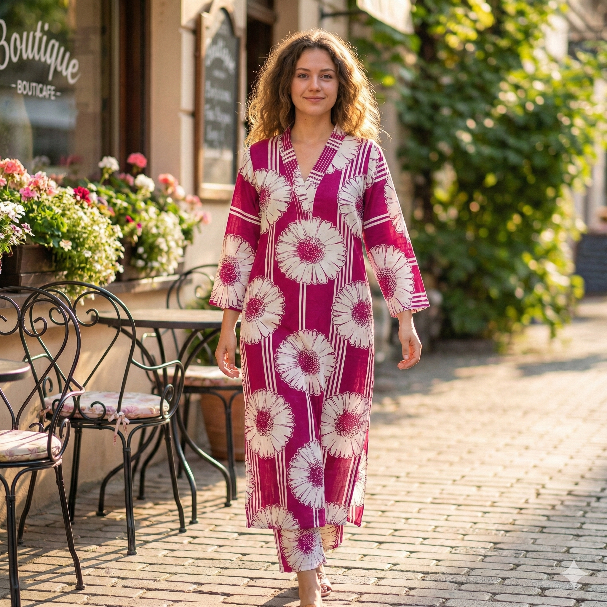 Magenta Floral Printed Kaftan-Style Kurta & Pant Set for Women – Breezy Cotton 2-Piece Co-ord