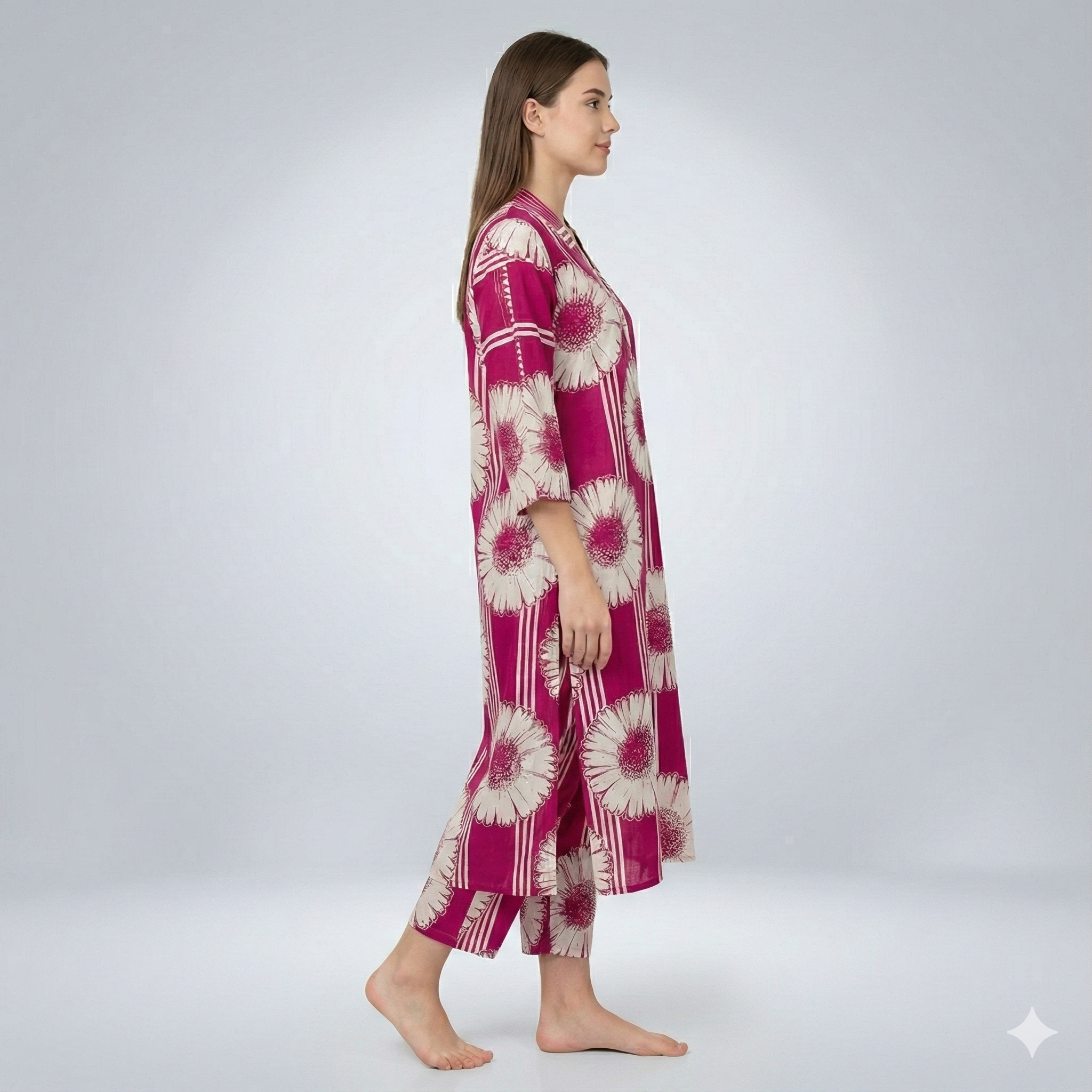 Magenta Floral Printed Kaftan-Style Kurta & Pant Set for Women – Breezy Cotton 2-Piece Co-ord