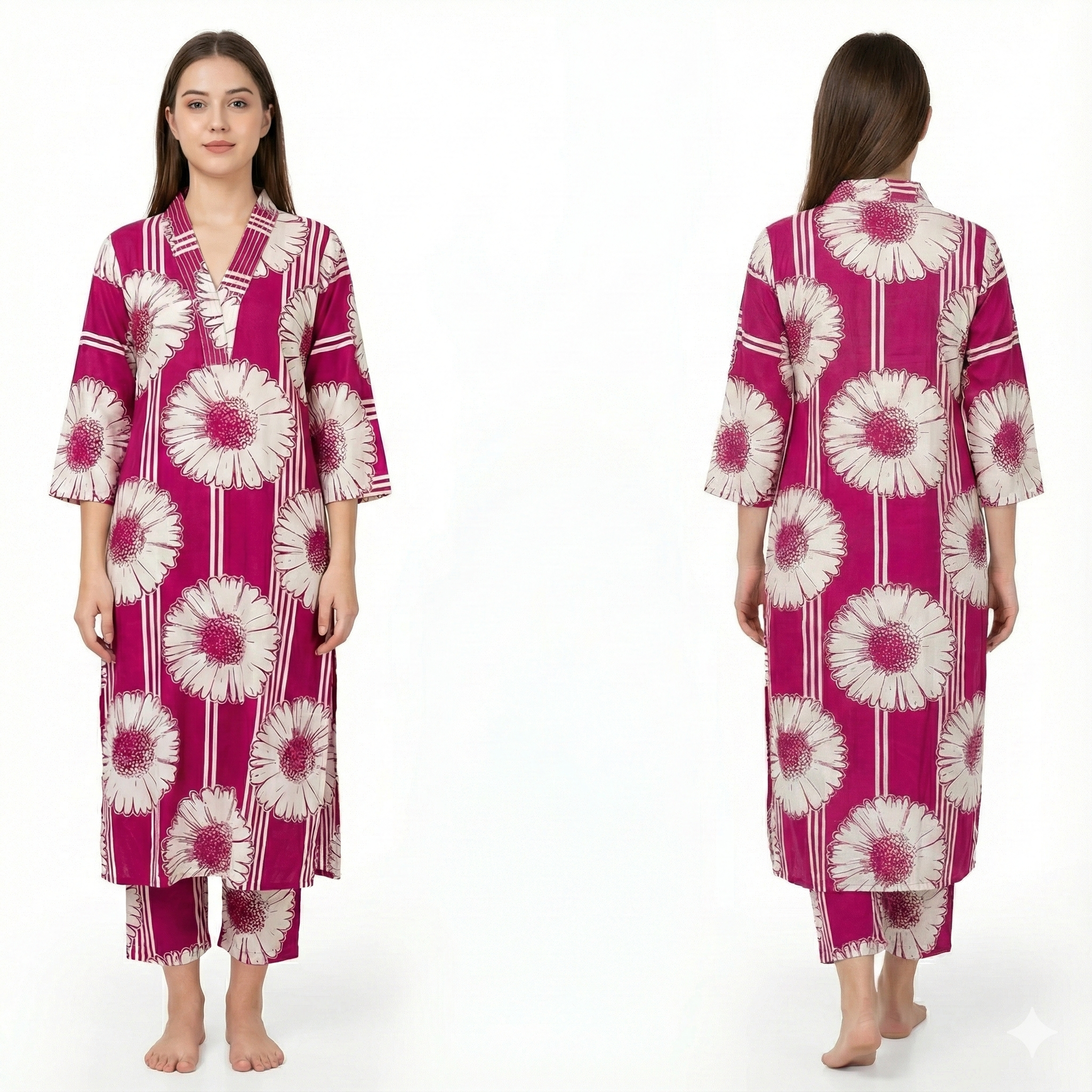 Magenta Floral Printed Kaftan-Style Kurta & Pant Set for Women – Breezy Cotton 2-Piece Co-ord