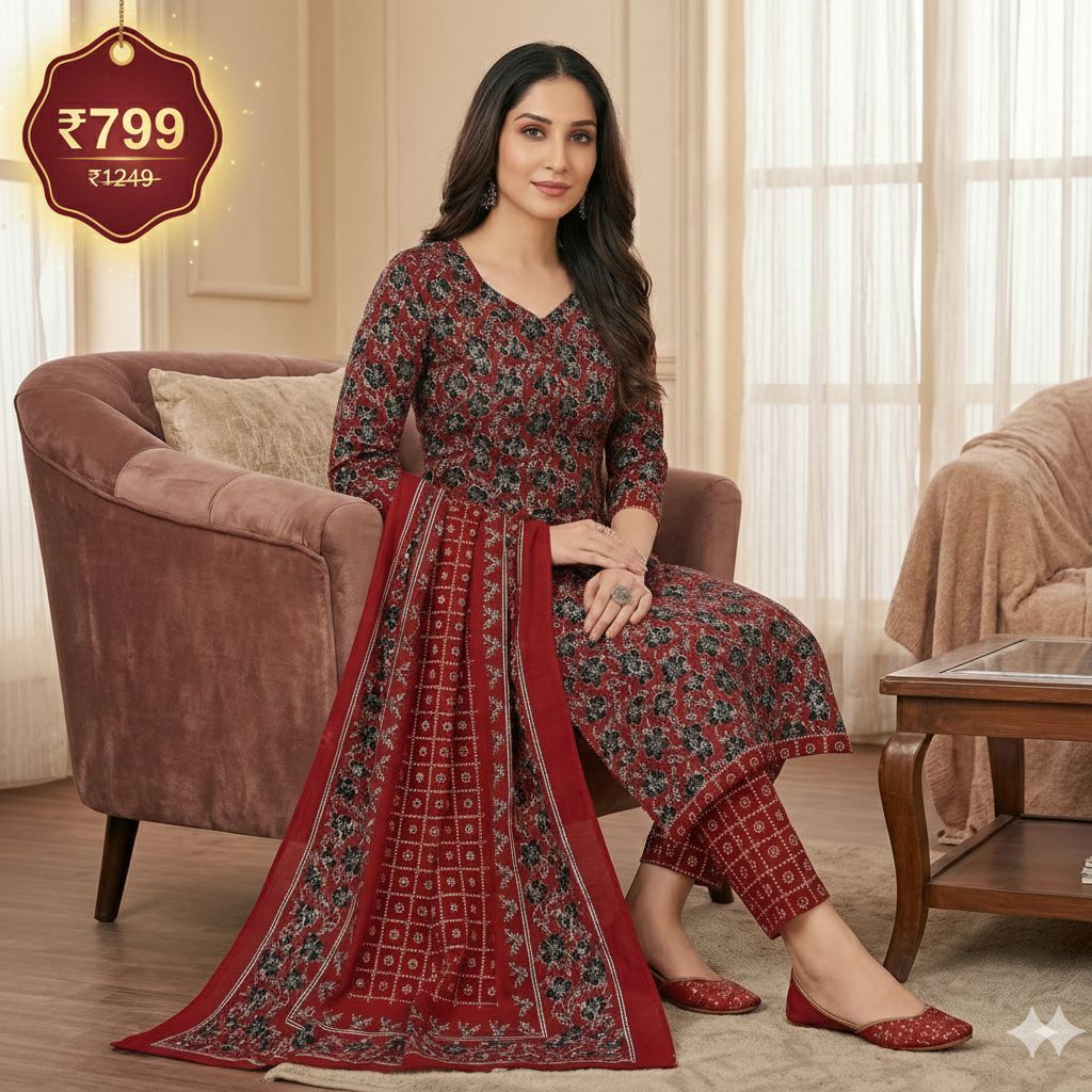 Maroon Floral Printed Patiala 3-Piece Suit Set for Women – Kurta, Patiala Pant & Dupatta