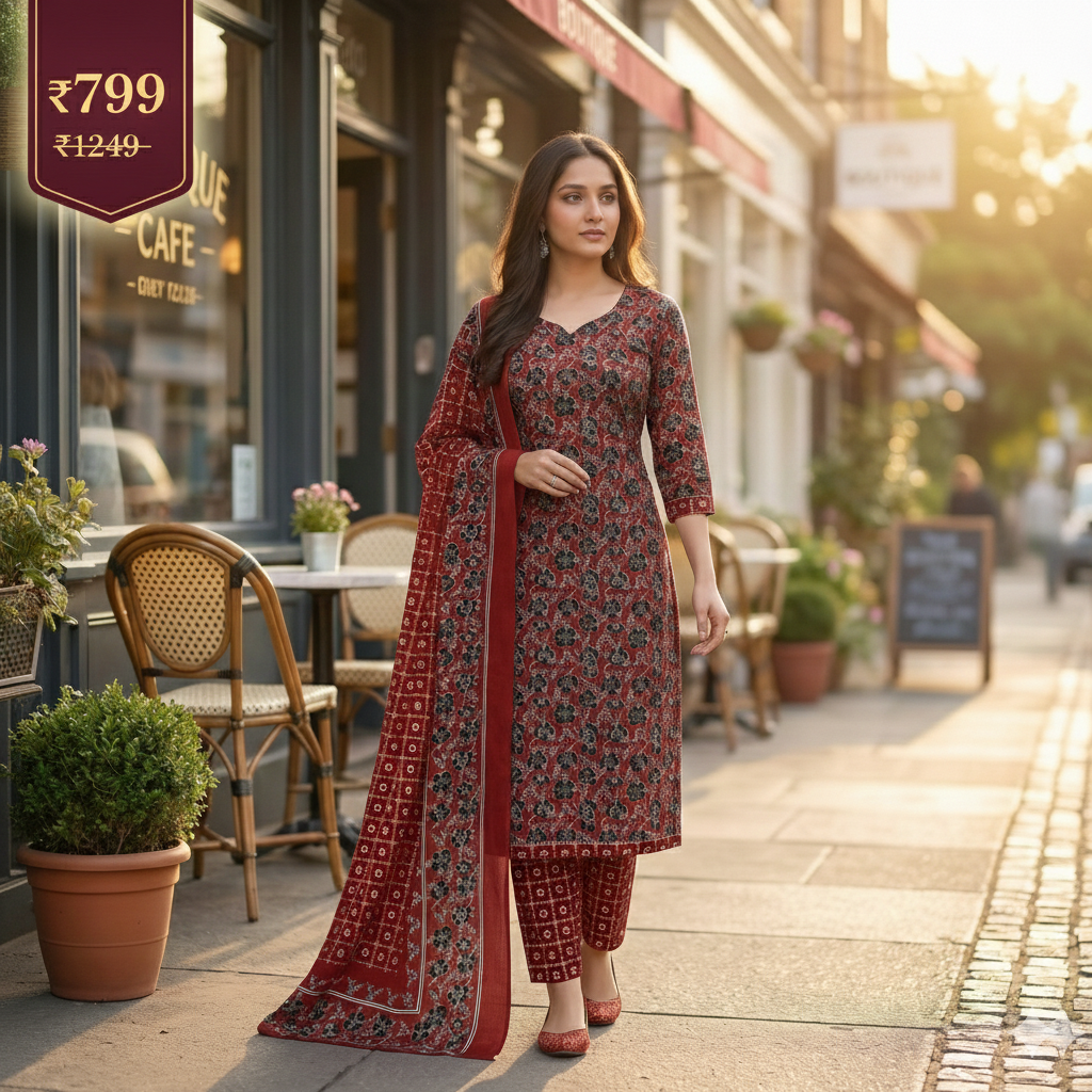 Maroon Floral Printed Patiala 3-Piece Suit Set for Women – Kurta, Patiala Pant & Dupatta