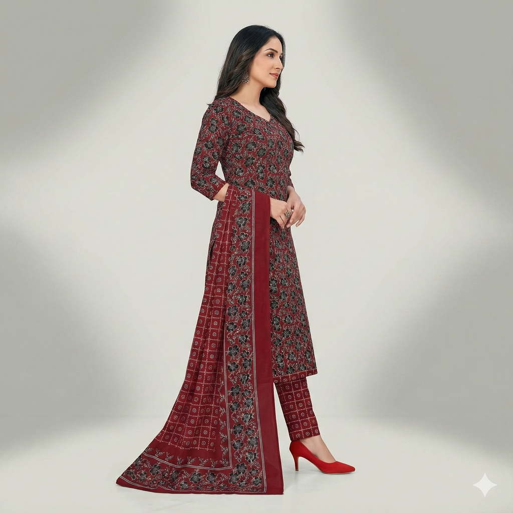 Maroon Floral Printed Patiala 3-Piece Suit Set for Women – Kurta, Patiala Pant & Dupatta