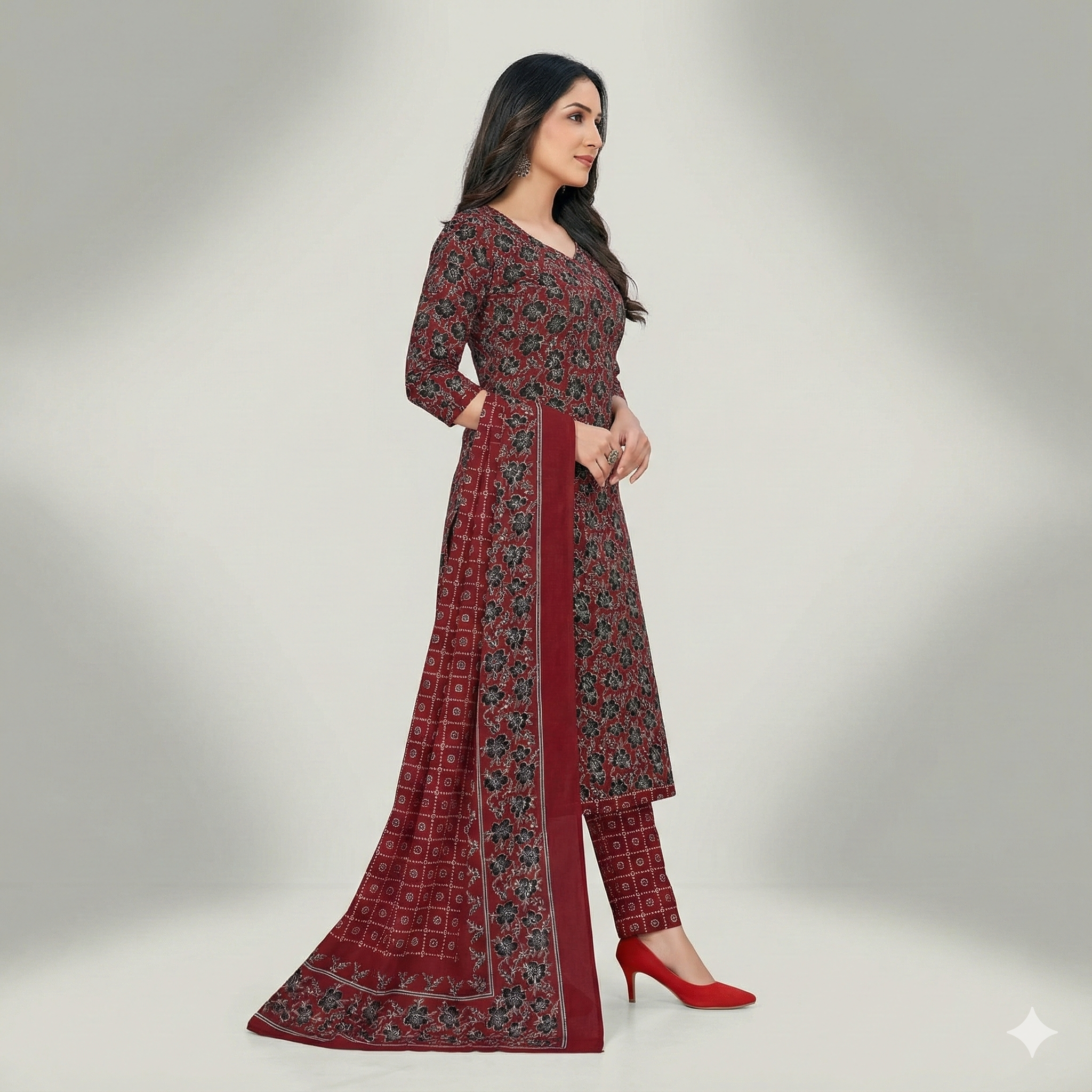 Maroon Floral Printed Patiala 3-Piece Suit Set for Women – Kurta, Patiala Pant & Dupatta